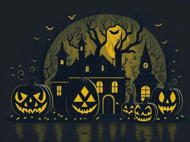 Flat design Halloween night with pumpkins in front of a spooky house