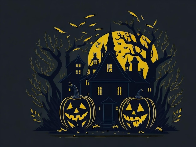 Flat design Halloween night with pumpkins in front of a spooky house