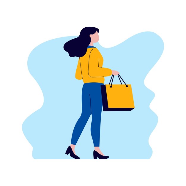 Photo flat design illustration of beautiful woman character holding shopping paper bag