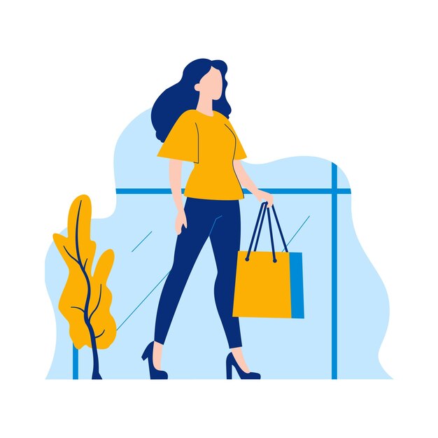 Photo flat design illustration of beautiful woman holding shopping paper bag in store