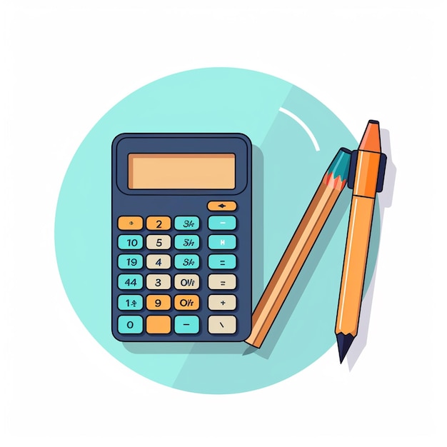 Photo flat design illustration of calculator with coins pencil and notebook