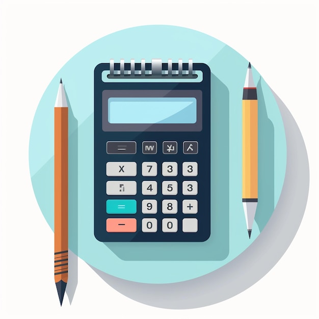 Photo flat design illustration of calculator with coins pencil and notebook