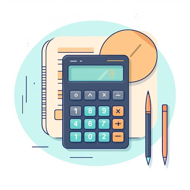 Photo flat design illustration of calculator with coins pencil and notebook