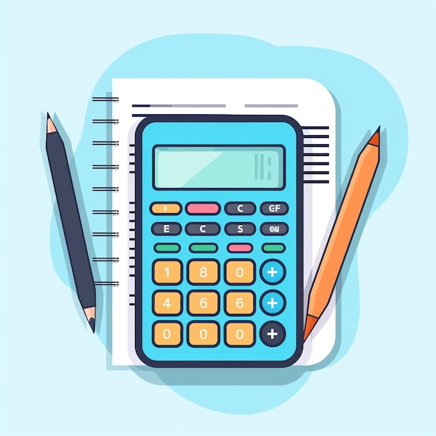 Flat Design Illustration of Calculator with Coins Pencil and Notebook