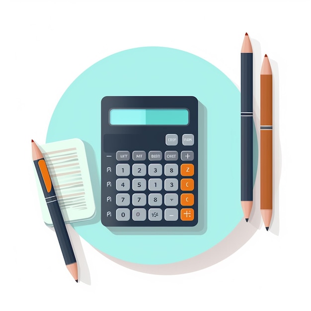 Photo flat design illustration of calculator with coins pencil and notebook