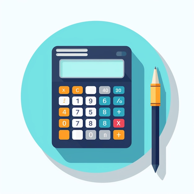 Flat Design Illustration of Calculator with Coins Pencil and Notebook