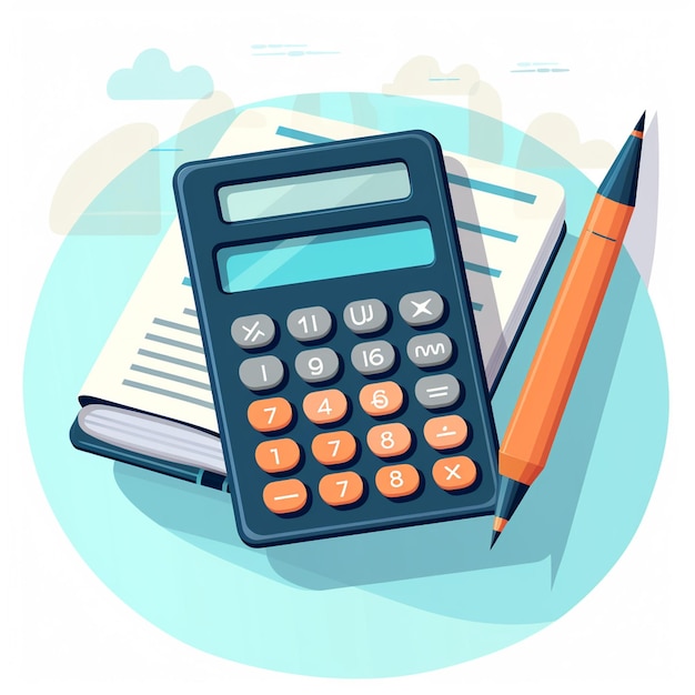 Photo flat design illustration of calculator with coins pencil and notebook