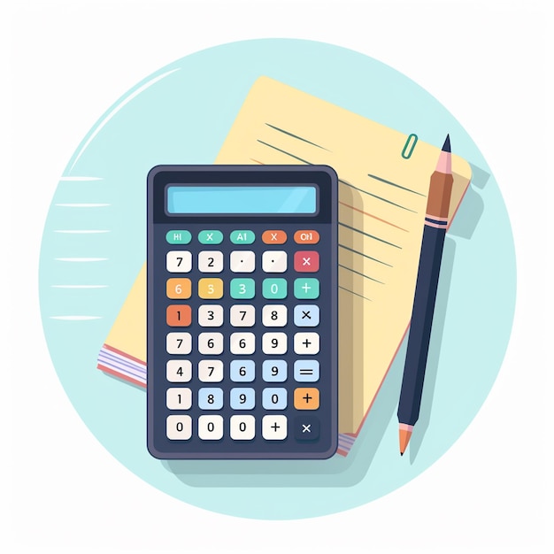 Photo flat design illustration of calculator with coins pencil and notebook