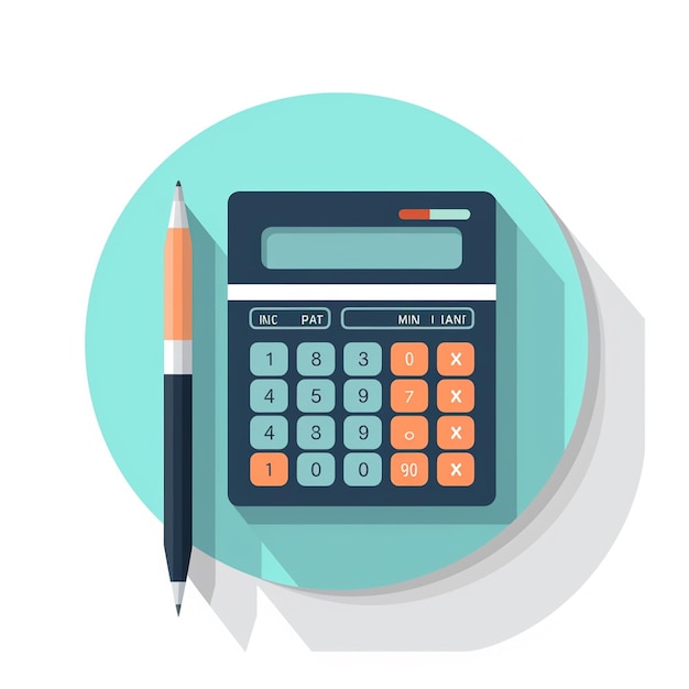 Photo flat design illustration of calculator with coins pencil and notebook