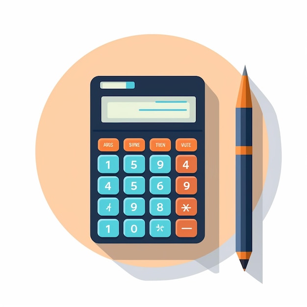 Flat Design Illustration of Calculator with Coins Pencil and Notebook