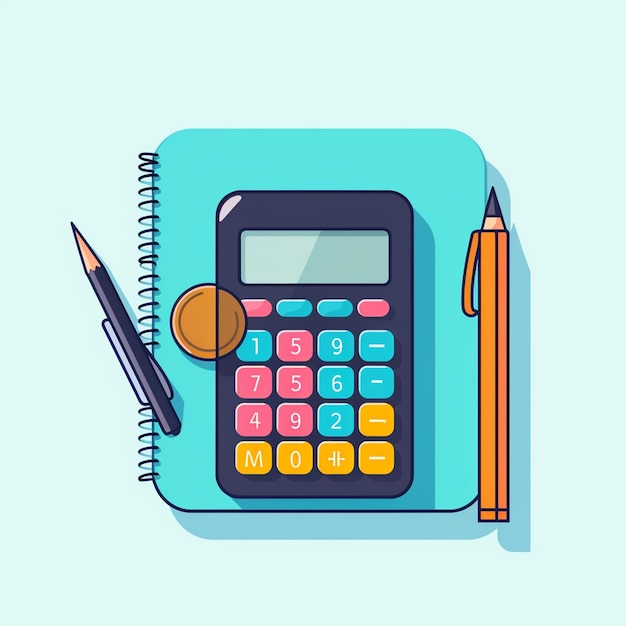 Flat Design Illustration of Calculator with Coins Pencil and Notebook