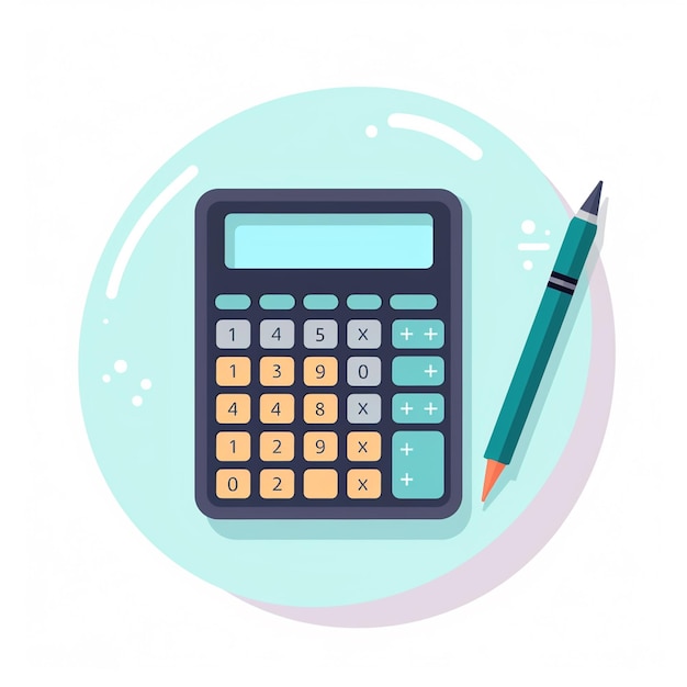 Photo flat design illustration of calculator with coins pencil and notebook