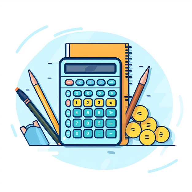 Photo flat design illustration of calculator with coins pencil and notebook