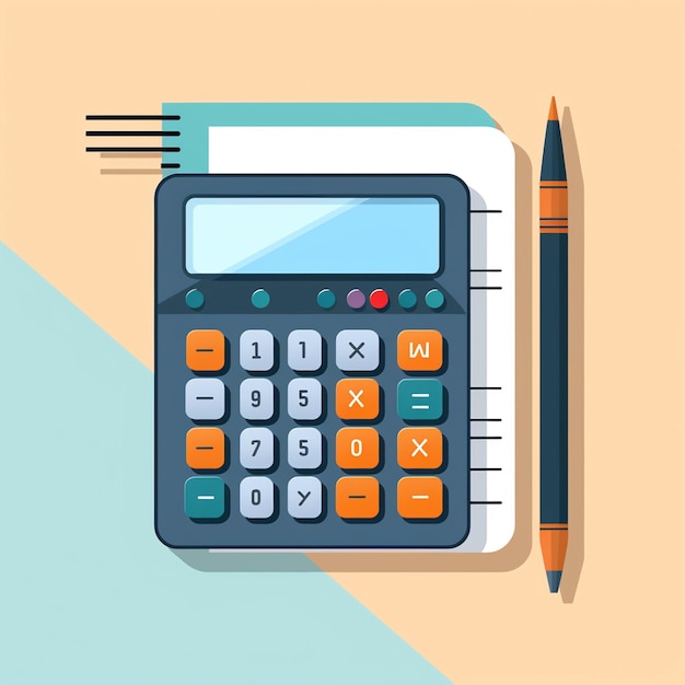 Flat Design Illustration of Calculator with Coins Pencil and Notebook