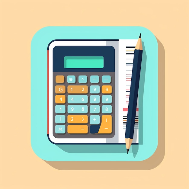 Photo flat design illustration of calculator with coins pencil and notebook