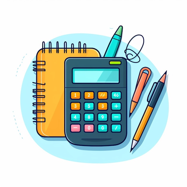 Flat Design Illustration of Calculator with Coins Pencil and Notebook