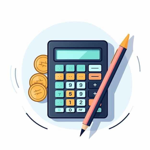 Photo flat design illustration of calculator with coins pencil and notebook