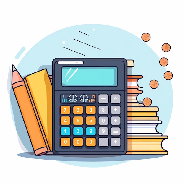 Photo flat design illustration of calculator with coins pencil and notebook