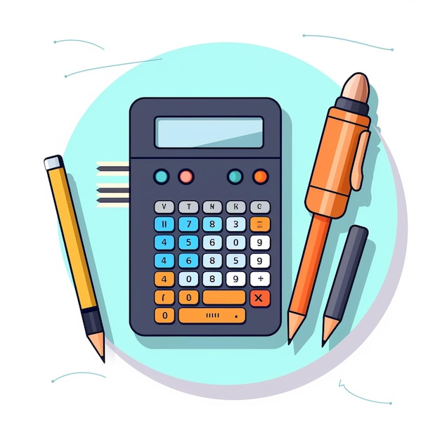 Photo flat design illustration of calculator with coins pencil and notebook