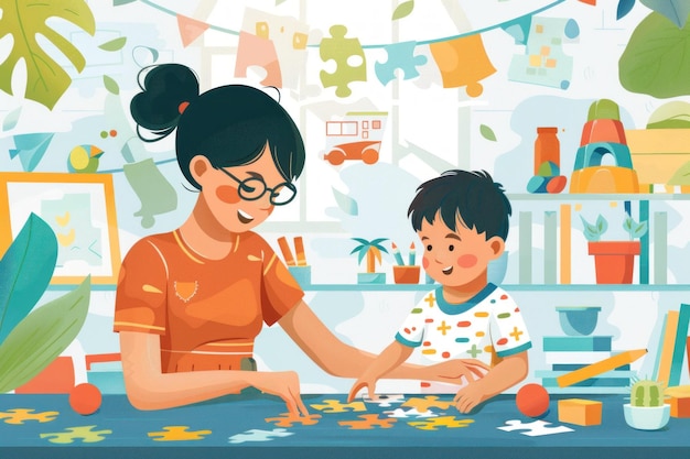 Photo flat design illustration of a caregiver helping a small child with a puzzle the scene captures the collaborative effort and concentration of the caregiver and child as they work together to solve