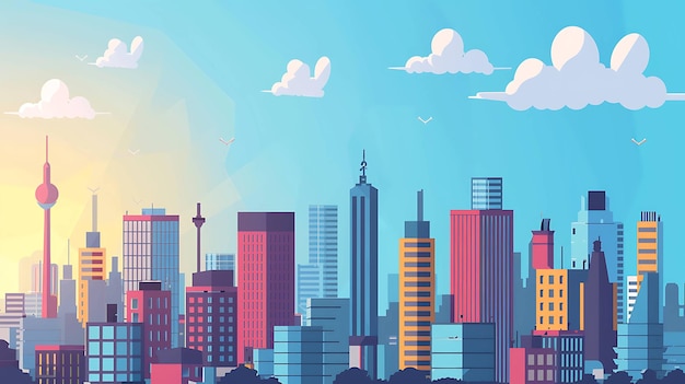 Flat design illustration of a city skyline with skyscrapers and clouds