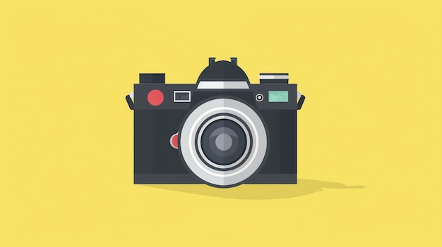 A flat design illustration of a classic camera on a yellow background