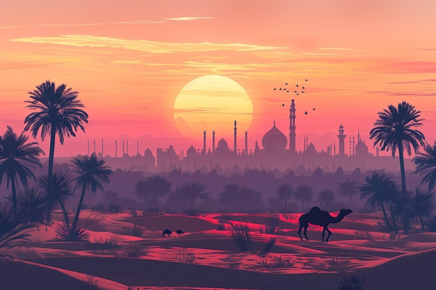 flat design illustration the desert at sunset with silhouette of palm trees and camels