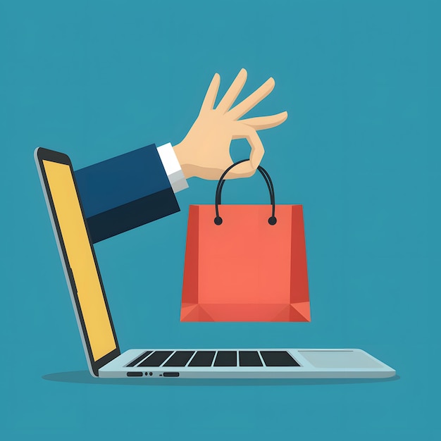 Flat design illustration hand emerges from laptop screen holding shopping bag For Social Media Post