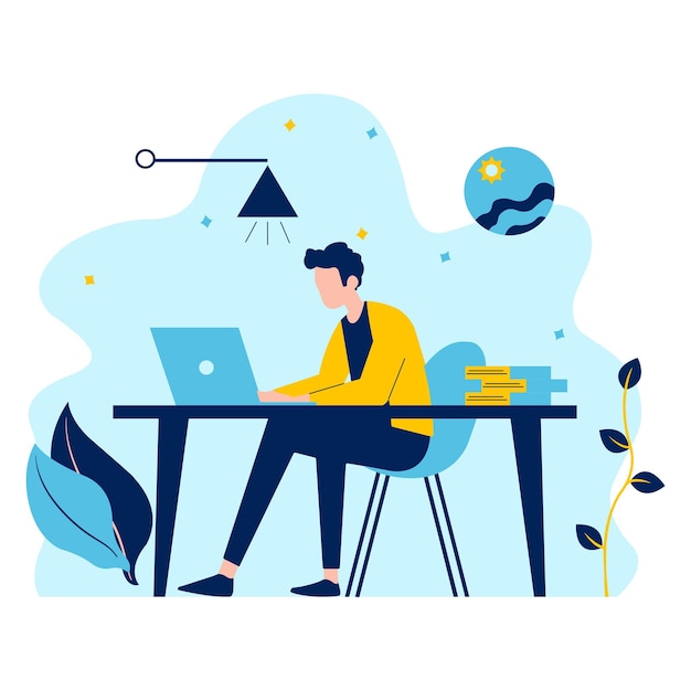 Photo flat design illustration of man entrepreneur working with laptop at office