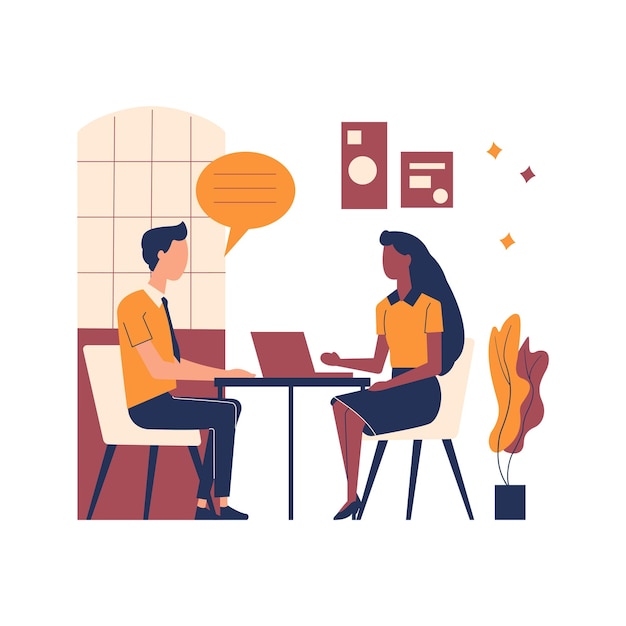 Photo flat design illustration of man and woman sitting while discussing talking at office