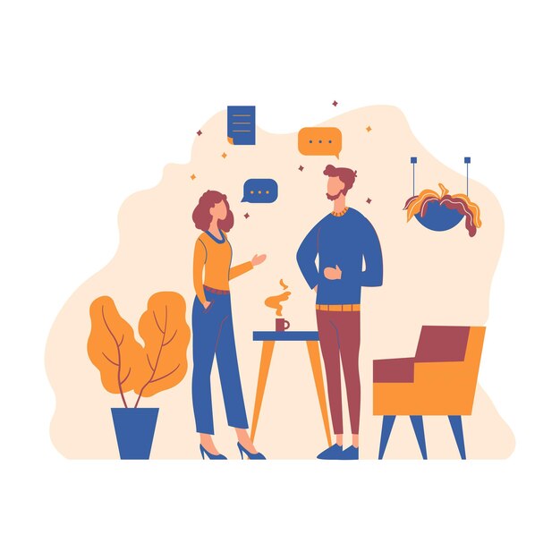 Photo flat design illustration of man and woman standing while discussing talking at office