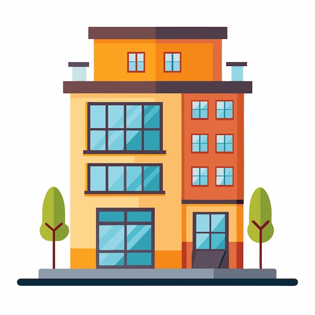 Flat Design Illustration of a Modern Building with Trees