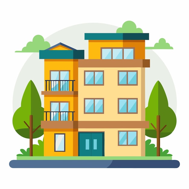 Flat Design Illustration of a Modern Yellow House with Green Trees