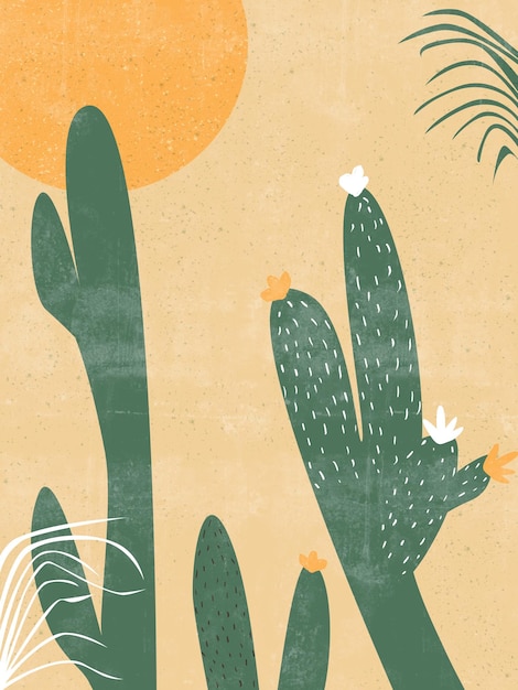 Flat design illustration with cactus sun and leaves minimal style