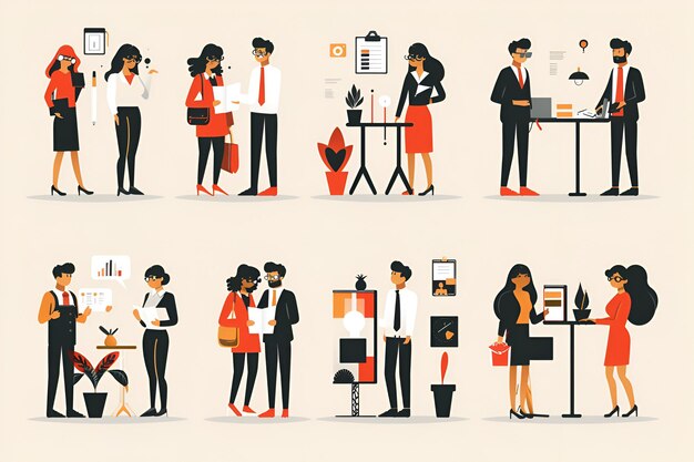 Photo flat design illustrations of collaborative business teamwork with warm colors