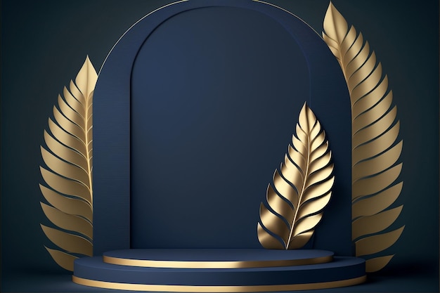 Flat design a lot of space 3d darkblue and gold rich background products display podium scene with blue leaf platform background vector 3d geometry glass mirror render with podium