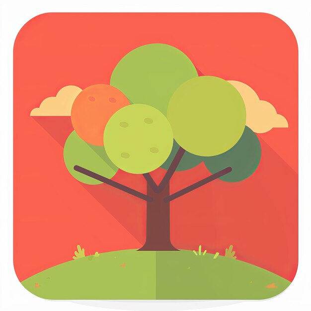 Photo flat design tree illustration on red background with cloud and grass