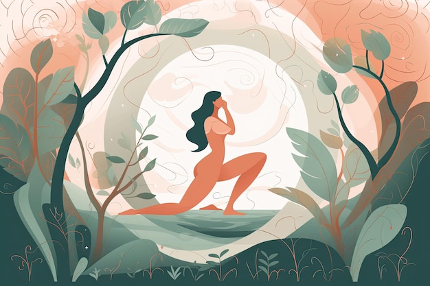 flat design woman doing yoga outdoors vector illustration