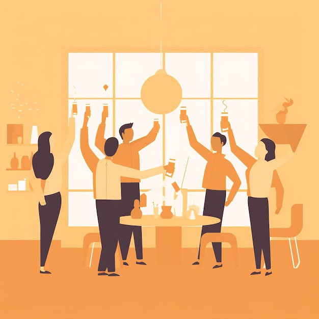 Photo flat digital illustration of a startup team celebrating a milestone with icons for confetti