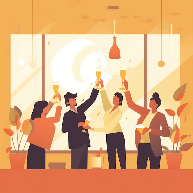 Photo flat digital illustration of a startup team celebrating a milestone with icons for confetti