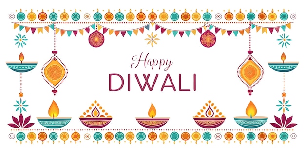 Photo flat diwali lanterns and floating diya border frame with joyful wording offering vibrant copy space