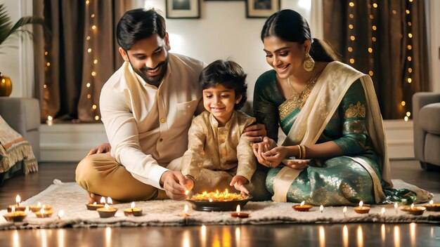 Flat Family lighting diyas together at home with warm glowing smiles and festive Diwali decorations