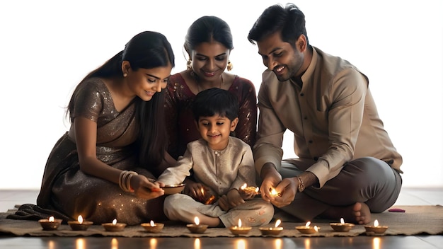 Flat Family lighting diyas together at home with warm glowing smiles and festive Diwali decorations