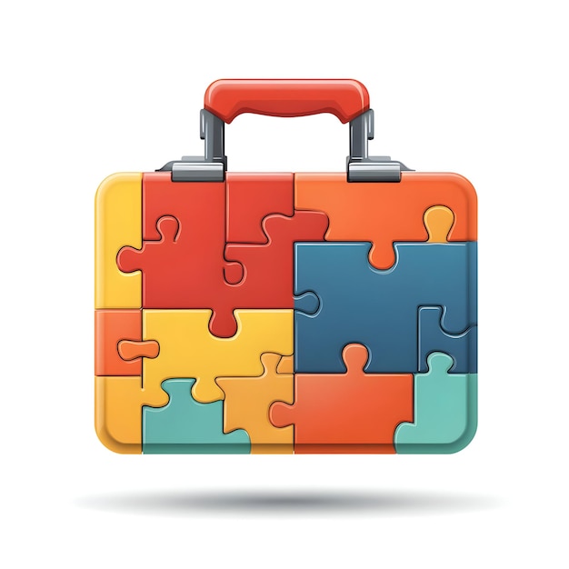 Photo flat floating briefcase and puzzle piece with financial solutions text concept as a sleek vector des