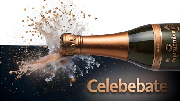 Flat Floating champagne bottle with cork and bubbles forming a festive burst with Celebrate text con