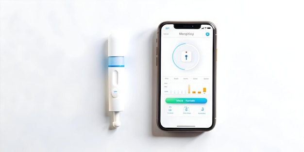 Photo flat floating diabetes management app and glucose test strip on white background concept as a futuri