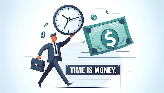 Photo flat floating dollar bill and clock with time is money text concept as a sleek vector illustration f