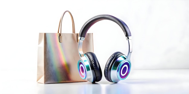 Flat Floating Headphones with Holographic Discount Icon Shopping Bag EyeCatching Cyber Monday S