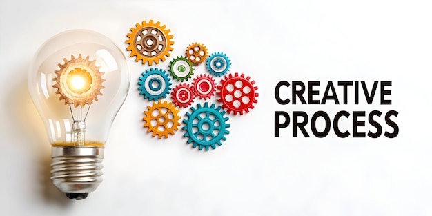 Photo flat floating light bulb and gears with creative process text concept as a sleek vector design showc