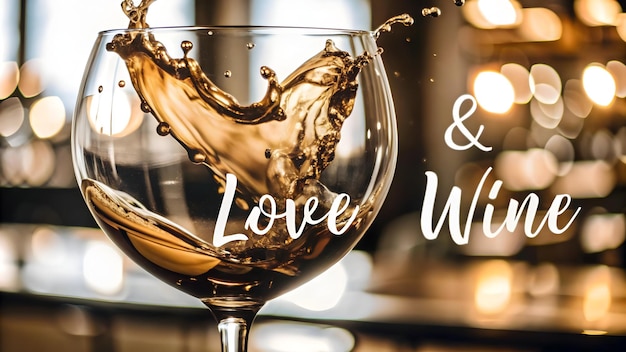 Photo flat floating wine glass with splashing liquid forming a heart with love wine text concept as a ro